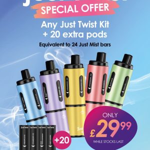 Just Twist Kit + 20 extra pods (any flavour (one flavour)) Kit contains 3000 puffs Equivalent to 24 Just Mist Bars