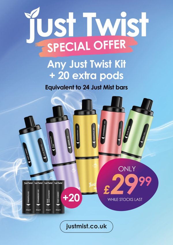 Just Twist Kit + 20 extra pods (any flavour (one flavour)) Kit contains 3000 puffs Equivalent to 24 Just Mist Bars